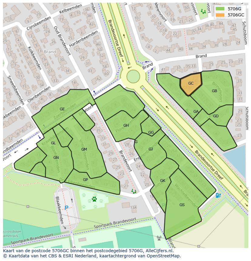 Afbeelding van het postcodegebied 5706 GC op de kaart.
