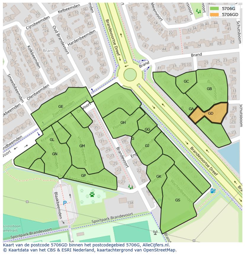 Afbeelding van het postcodegebied 5706 GD op de kaart.