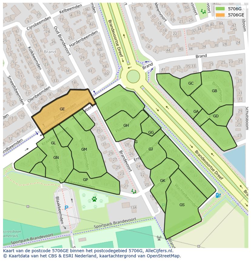Afbeelding van het postcodegebied 5706 GE op de kaart.