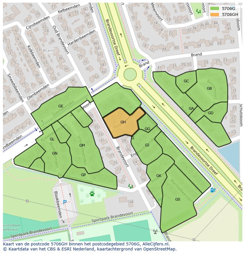 Afbeelding van het postcodegebied 5706 GH op de kaart.