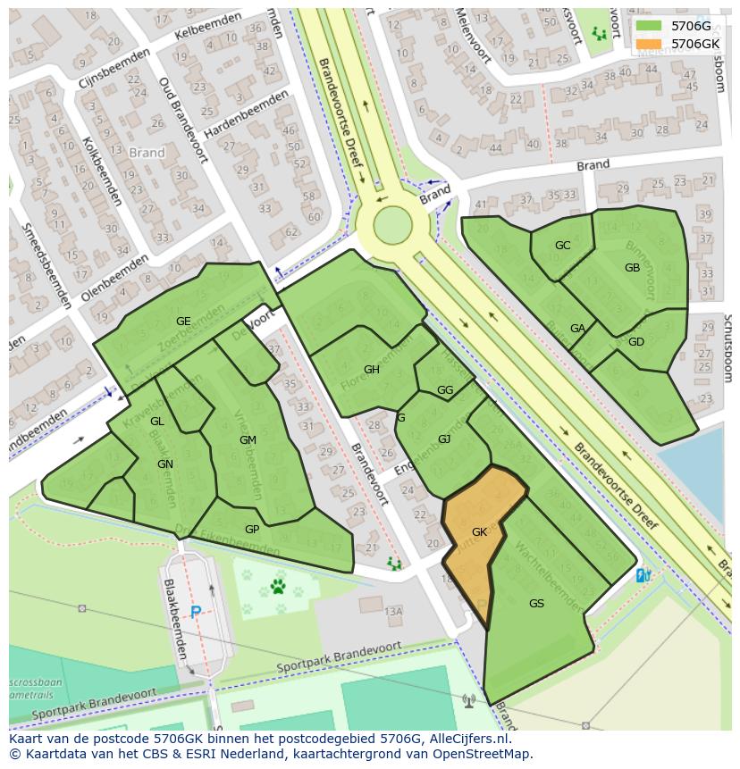 Afbeelding van het postcodegebied 5706 GK op de kaart.