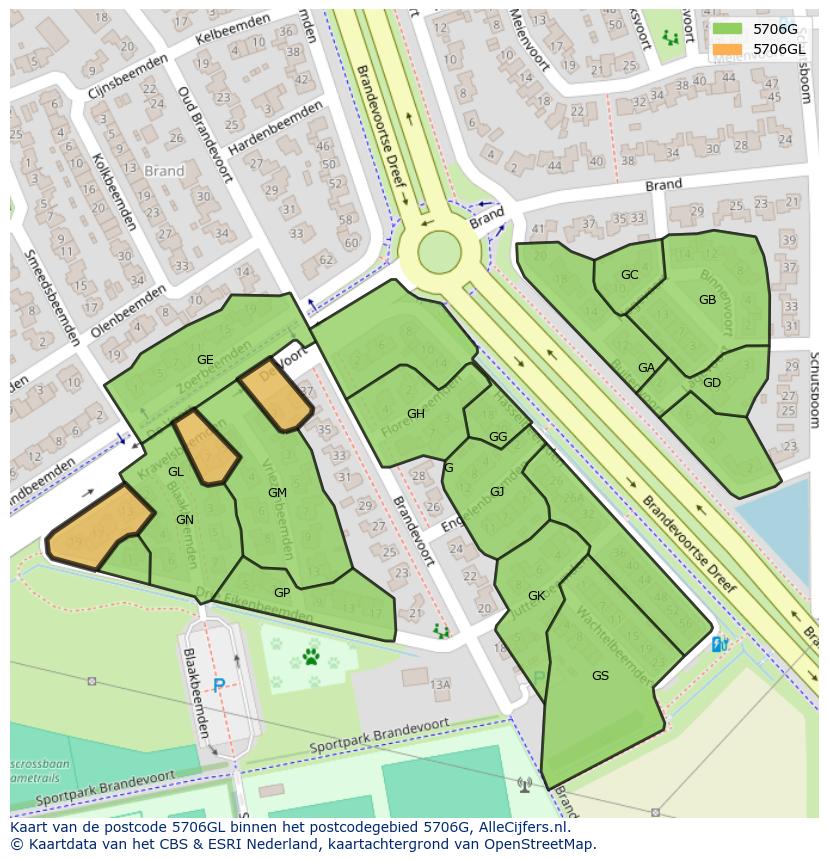 Afbeelding van het postcodegebied 5706 GL op de kaart.