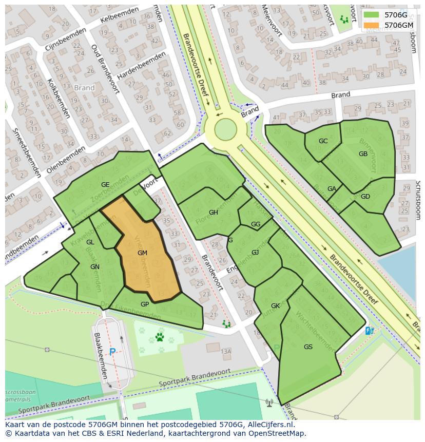 Afbeelding van het postcodegebied 5706 GM op de kaart.