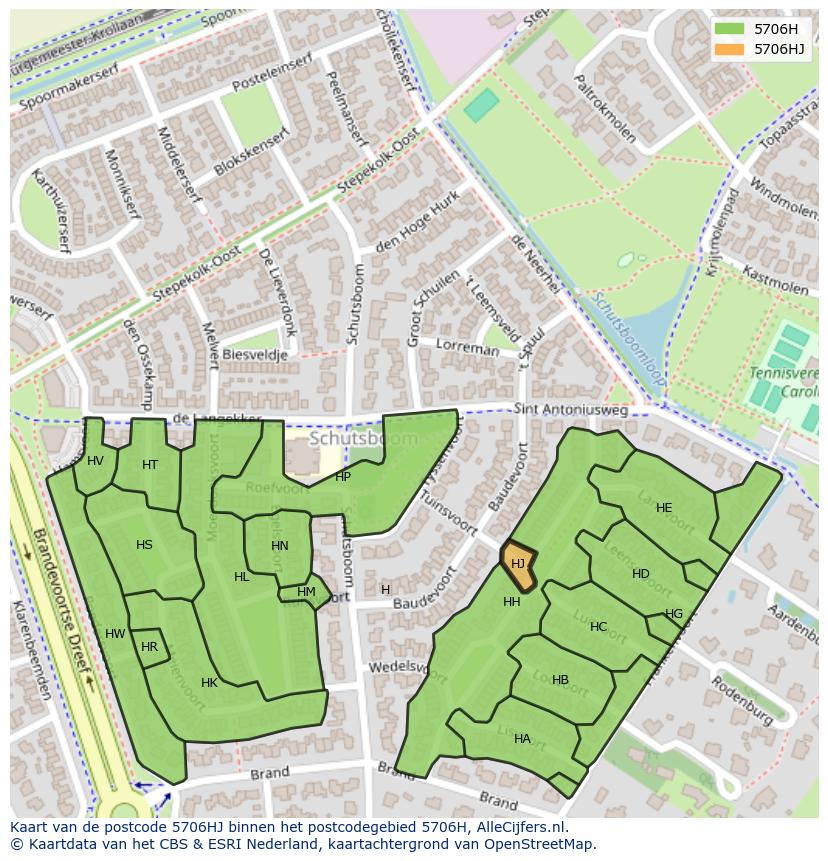 Afbeelding van het postcodegebied 5706 HJ op de kaart.