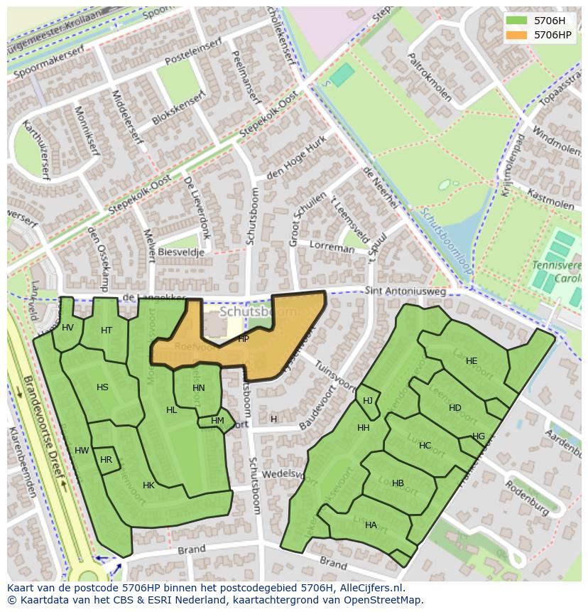 Afbeelding van het postcodegebied 5706 HP op de kaart.