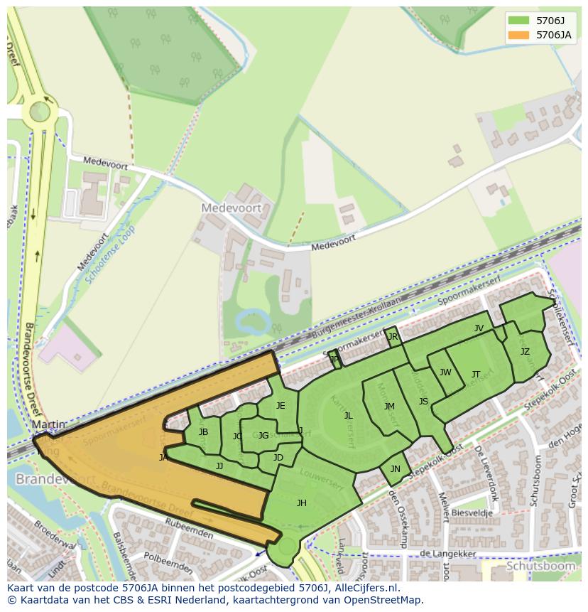 Afbeelding van het postcodegebied 5706 JA op de kaart.