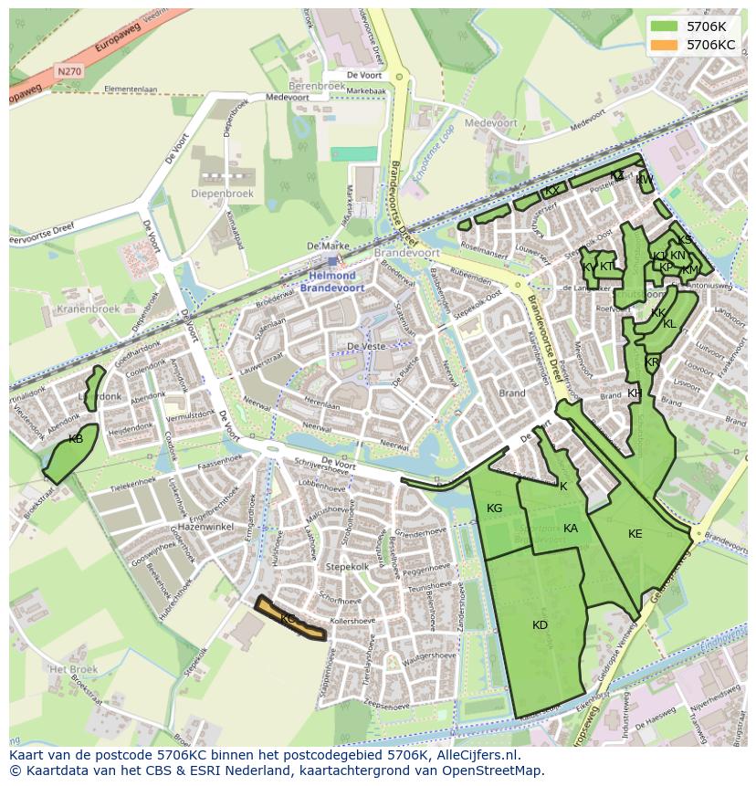 Afbeelding van het postcodegebied 5706 KC op de kaart.