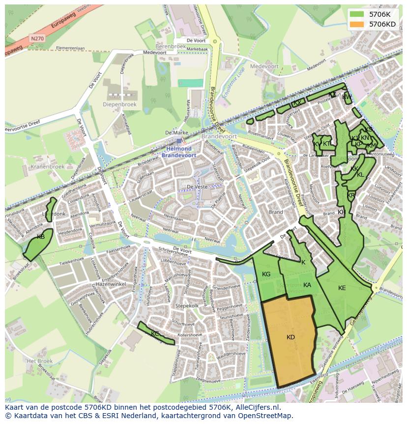 Afbeelding van het postcodegebied 5706 KD op de kaart.
