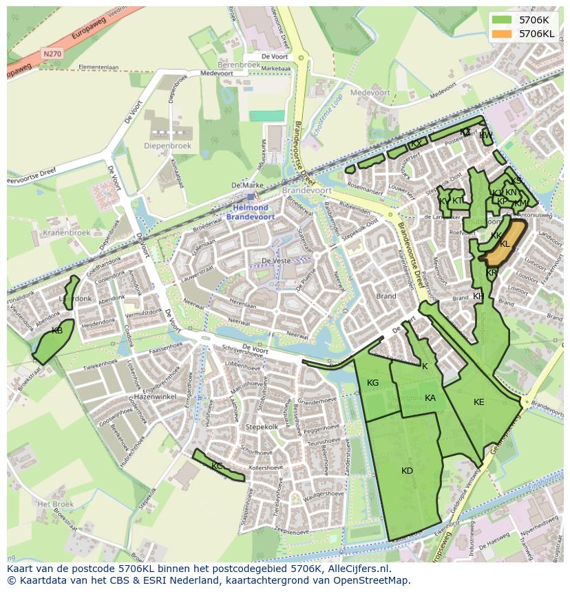 Afbeelding van het postcodegebied 5706 KL op de kaart.