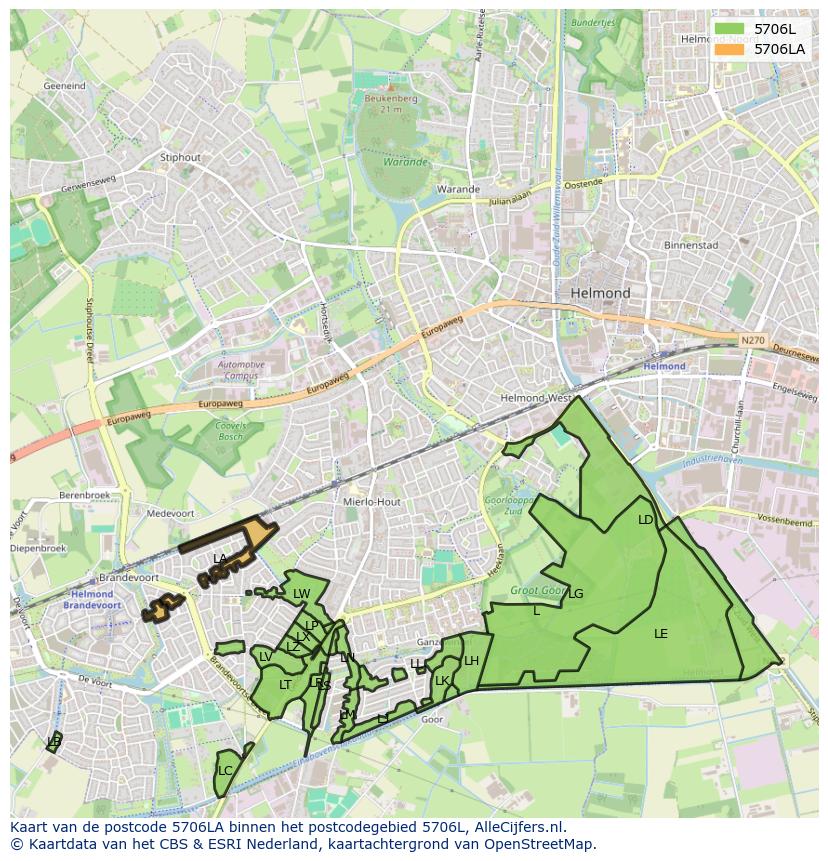 Afbeelding van het postcodegebied 5706 LA op de kaart.