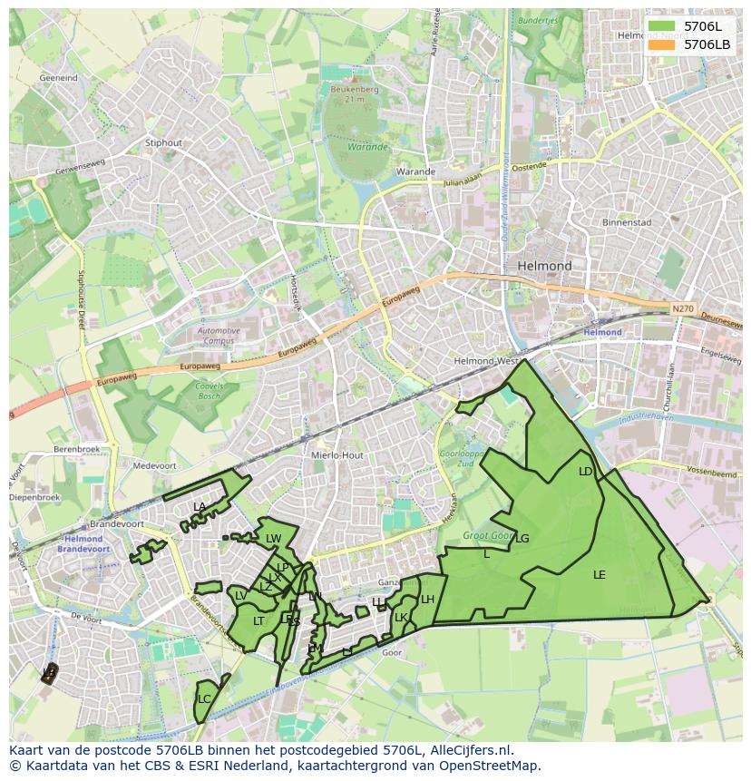 Afbeelding van het postcodegebied 5706 LB op de kaart.