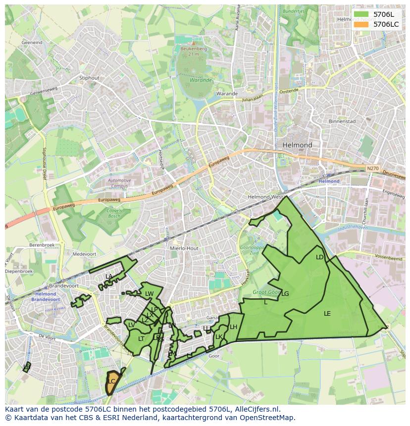 Afbeelding van het postcodegebied 5706 LC op de kaart.