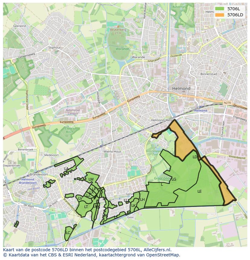 Afbeelding van het postcodegebied 5706 LD op de kaart.
