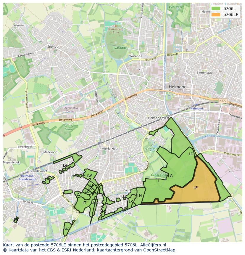 Afbeelding van het postcodegebied 5706 LE op de kaart.