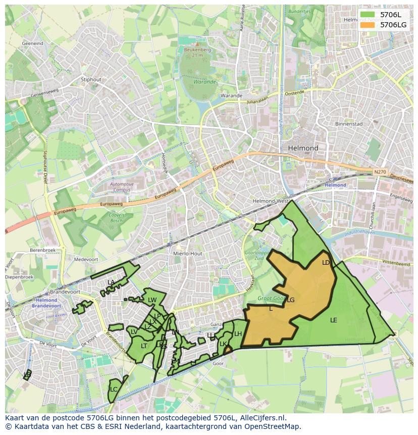 Afbeelding van het postcodegebied 5706 LG op de kaart.