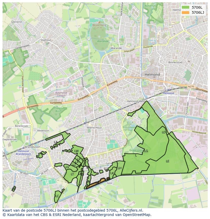 Afbeelding van het postcodegebied 5706 LJ op de kaart.