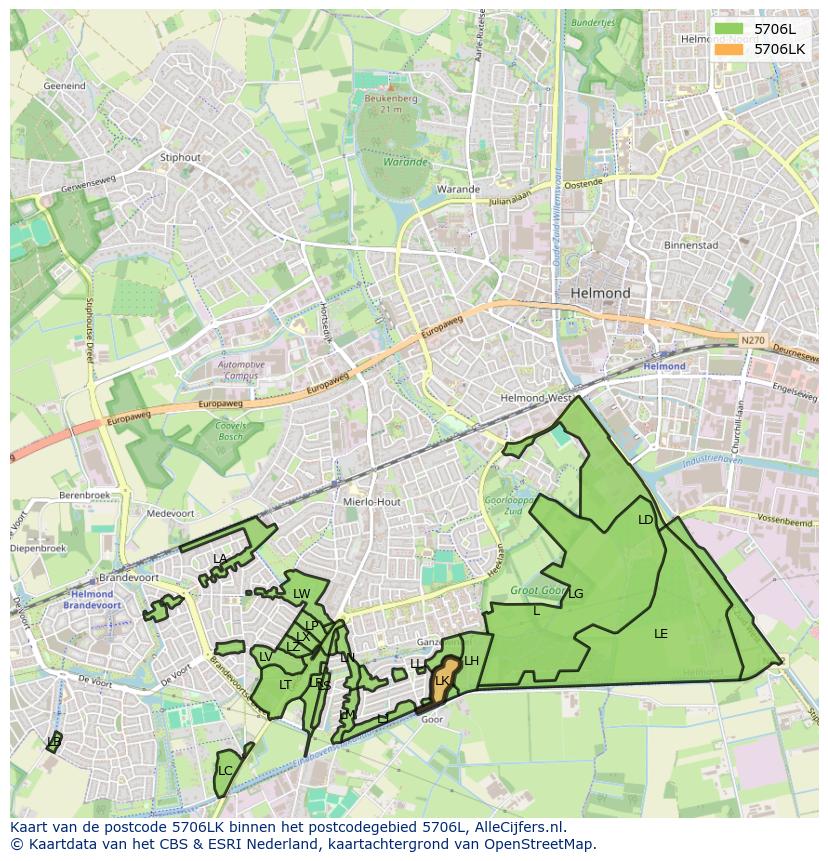 Afbeelding van het postcodegebied 5706 LK op de kaart.