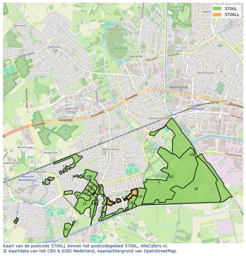 Afbeelding van het postcodegebied 5706 LL op de kaart.