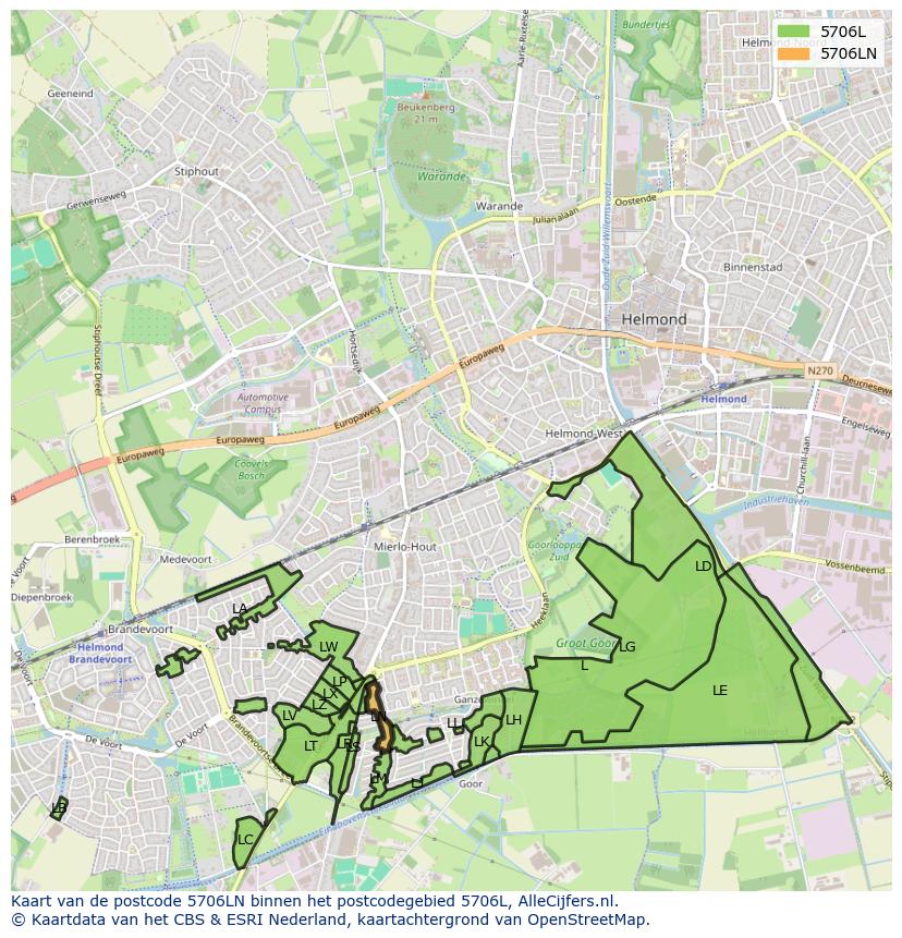 Afbeelding van het postcodegebied 5706 LN op de kaart.