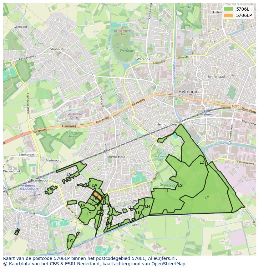 Afbeelding van het postcodegebied 5706 LP op de kaart.