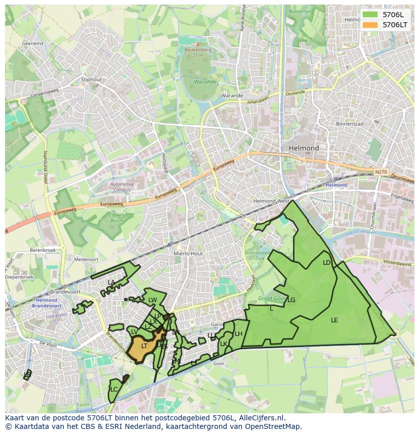 Afbeelding van het postcodegebied 5706 LT op de kaart.