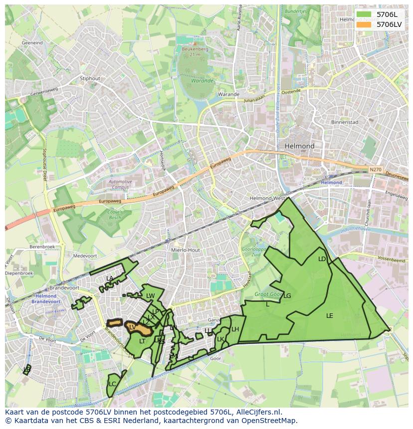 Afbeelding van het postcodegebied 5706 LV op de kaart.