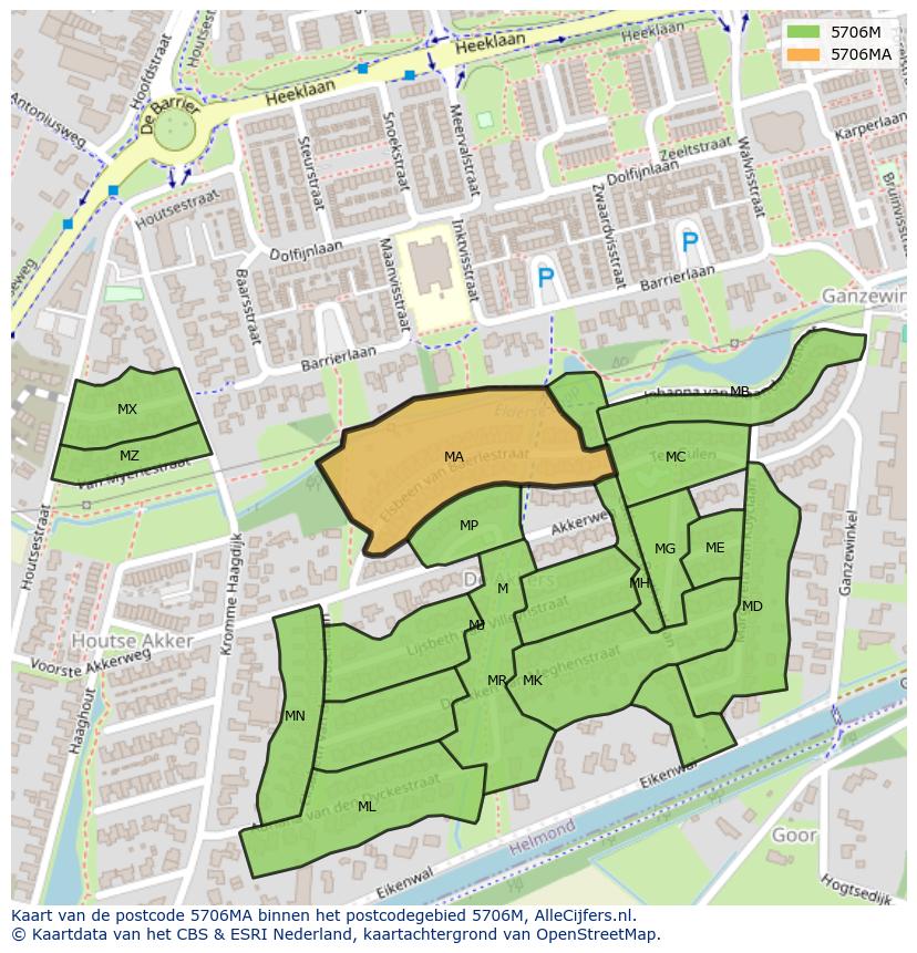 Afbeelding van het postcodegebied 5706 MA op de kaart.