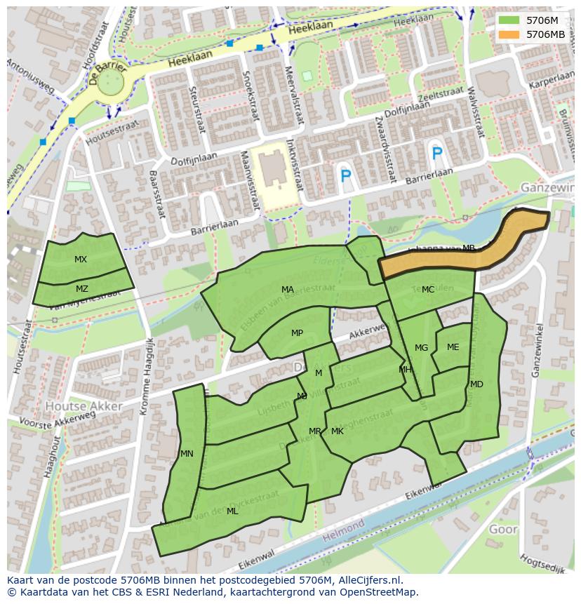 Afbeelding van het postcodegebied 5706 MB op de kaart.