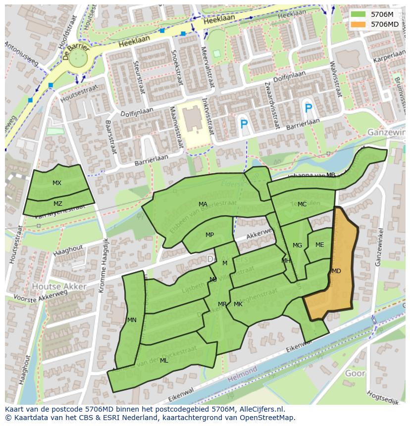 Afbeelding van het postcodegebied 5706 MD op de kaart.