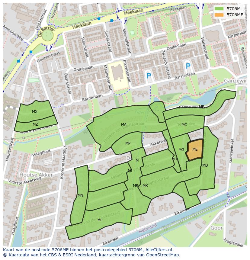 Afbeelding van het postcodegebied 5706 ME op de kaart.
