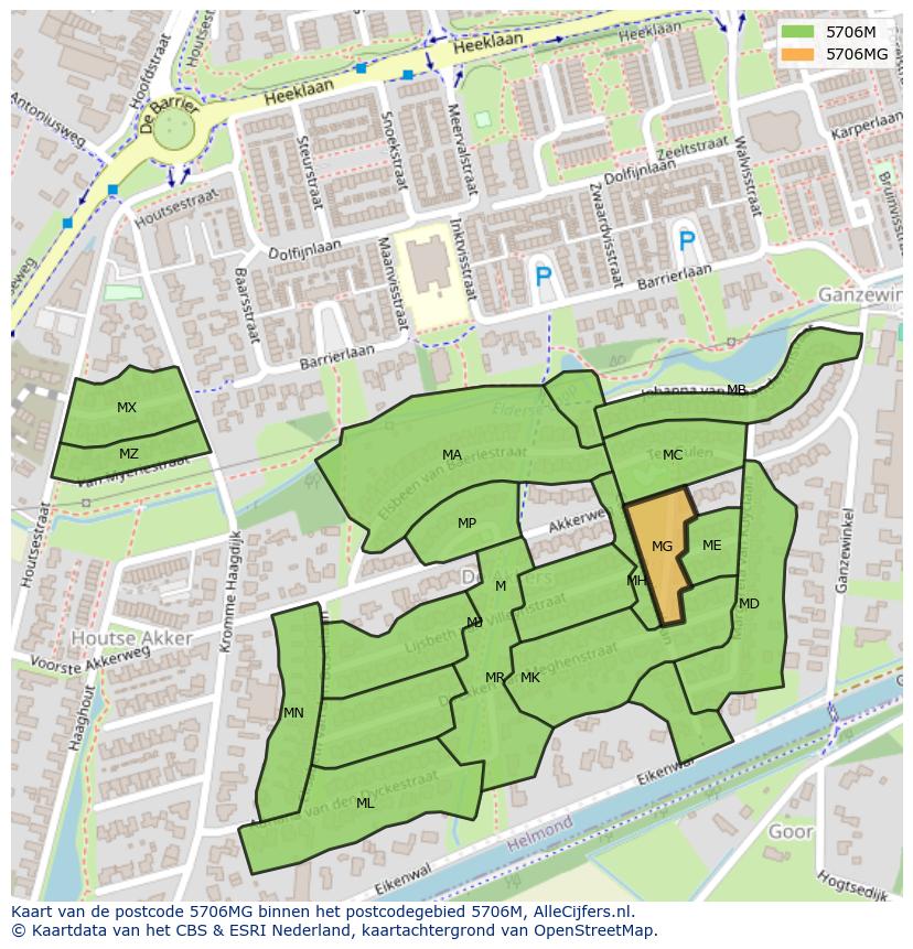 Afbeelding van het postcodegebied 5706 MG op de kaart.
