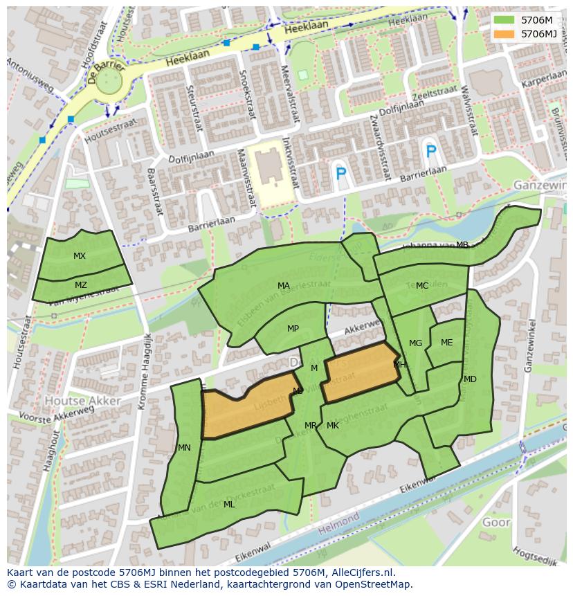 Afbeelding van het postcodegebied 5706 MJ op de kaart.