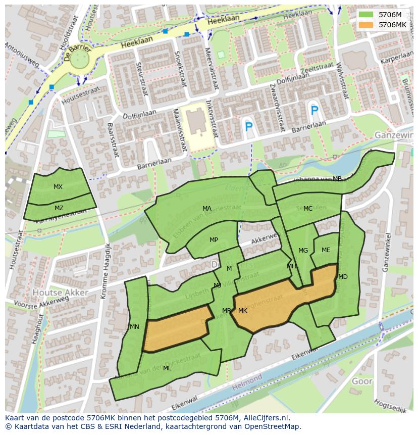 Afbeelding van het postcodegebied 5706 MK op de kaart.