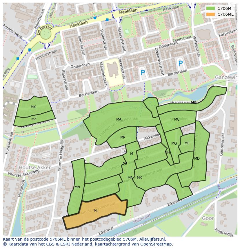 Afbeelding van het postcodegebied 5706 ML op de kaart.