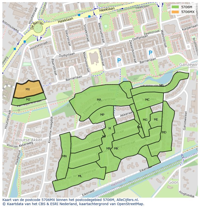 Afbeelding van het postcodegebied 5706 MX op de kaart.