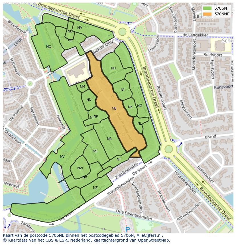 Afbeelding van het postcodegebied 5706 NE op de kaart.
