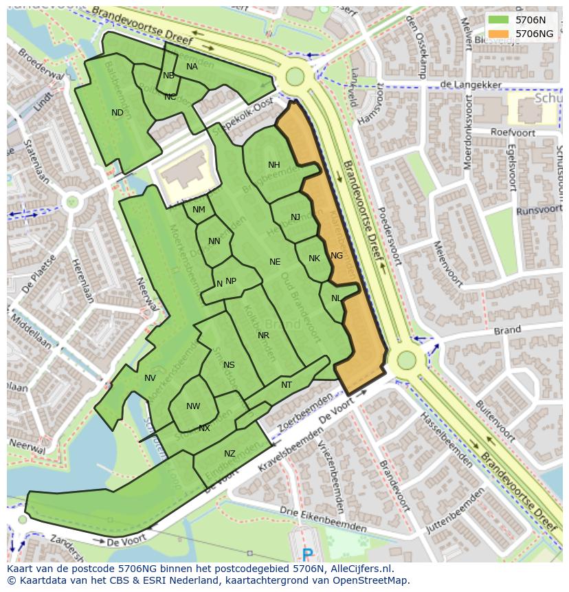 Afbeelding van het postcodegebied 5706 NG op de kaart.