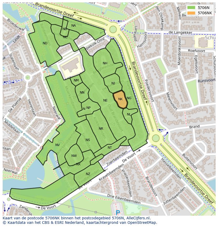 Afbeelding van het postcodegebied 5706 NK op de kaart.