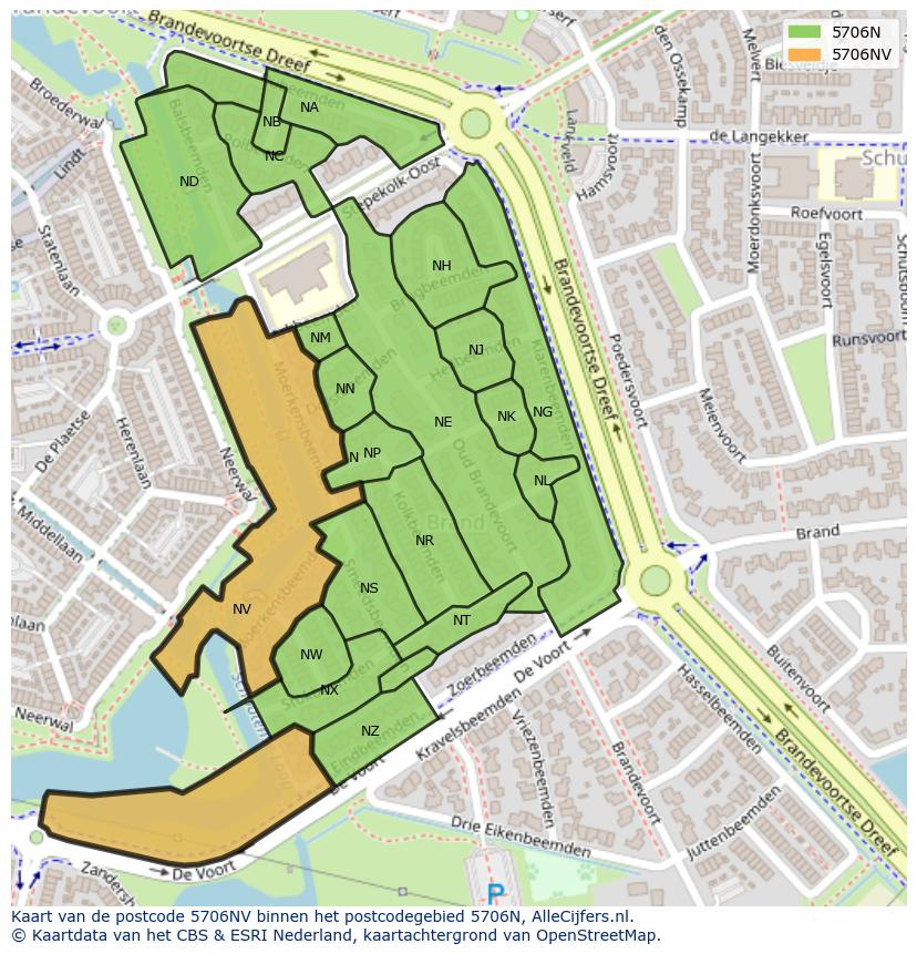 Afbeelding van het postcodegebied 5706 NV op de kaart.