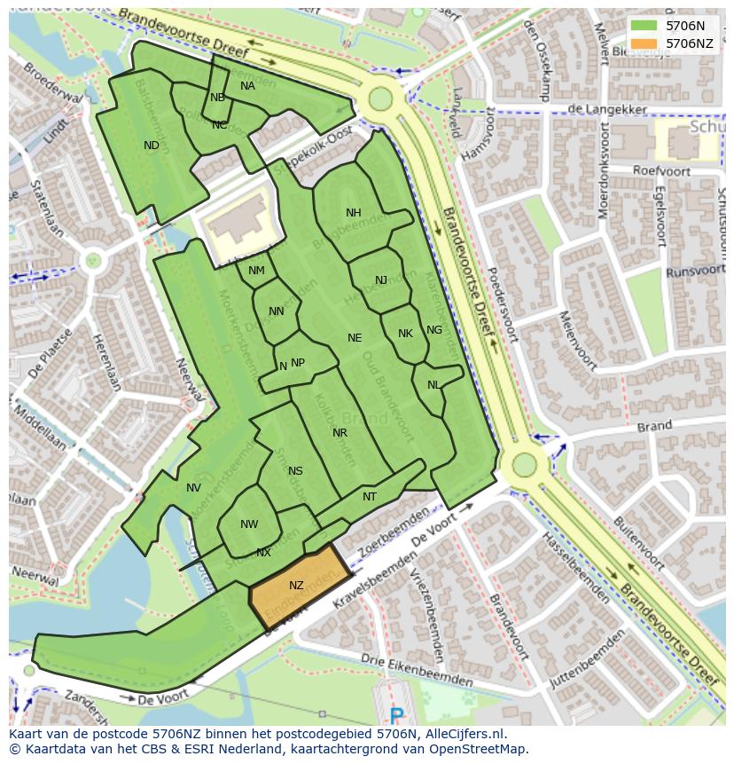 Afbeelding van het postcodegebied 5706 NZ op de kaart.