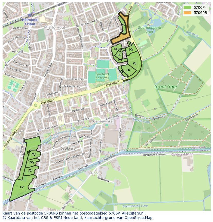 Afbeelding van het postcodegebied 5706 PB op de kaart.