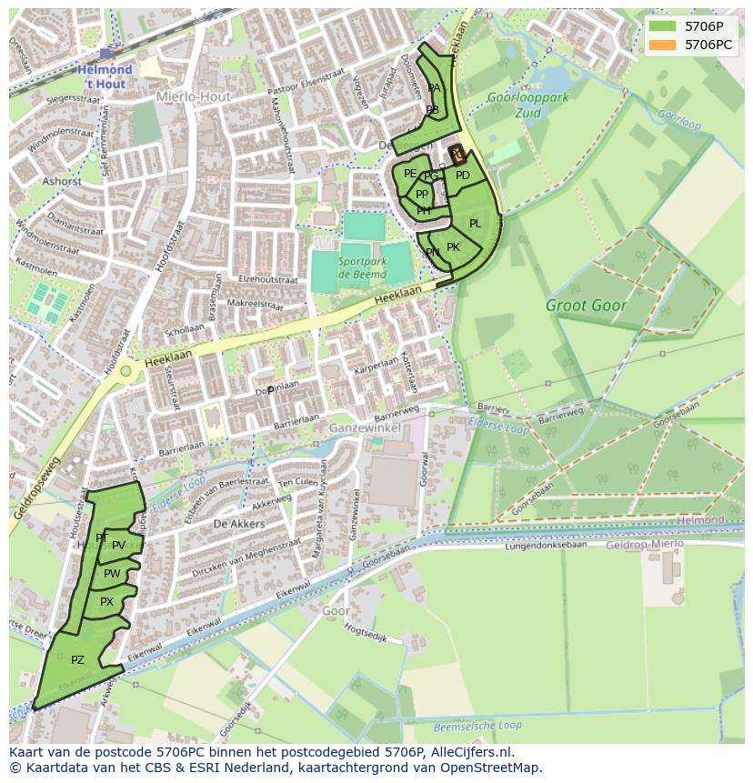Afbeelding van het postcodegebied 5706 PC op de kaart.