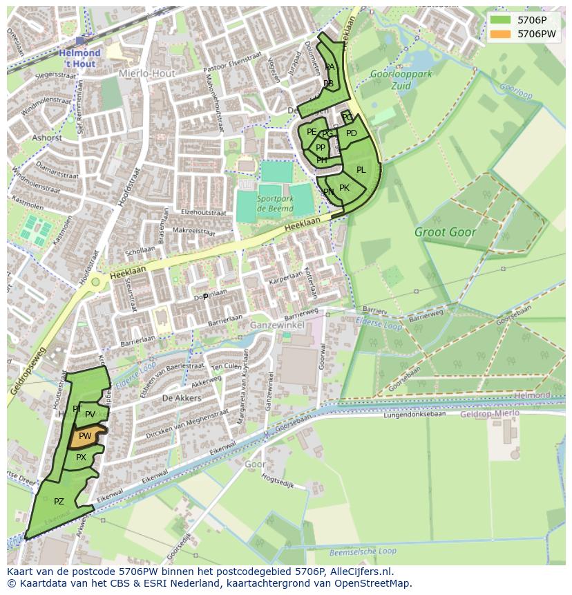 Afbeelding van het postcodegebied 5706 PW op de kaart.