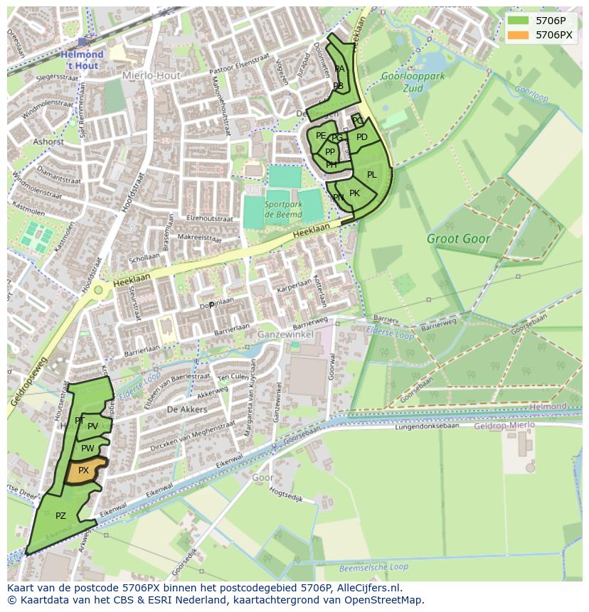 Afbeelding van het postcodegebied 5706 PX op de kaart.