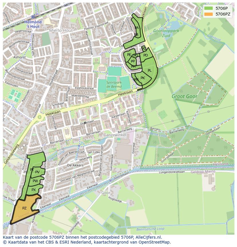 Afbeelding van het postcodegebied 5706 PZ op de kaart.