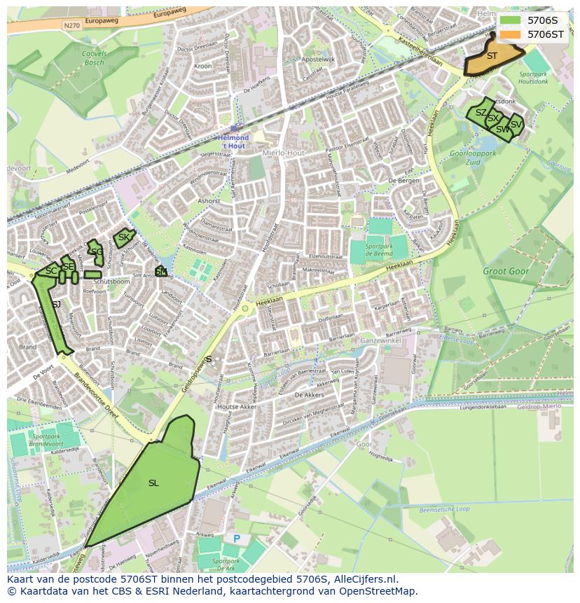 Afbeelding van het postcodegebied 5706 ST op de kaart.