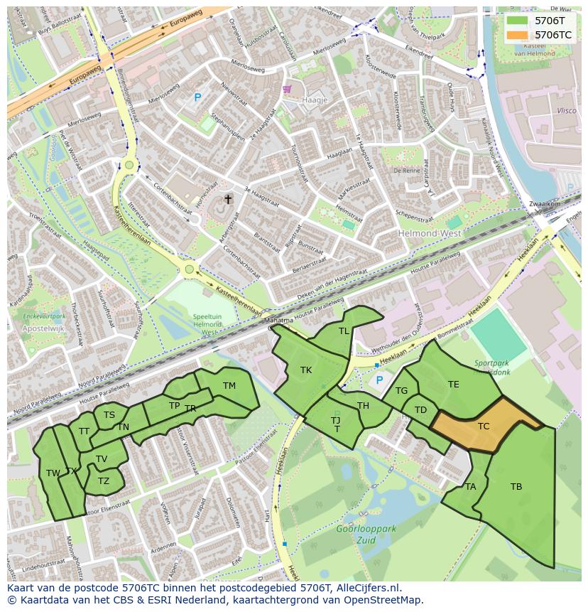 Afbeelding van het postcodegebied 5706 TC op de kaart.