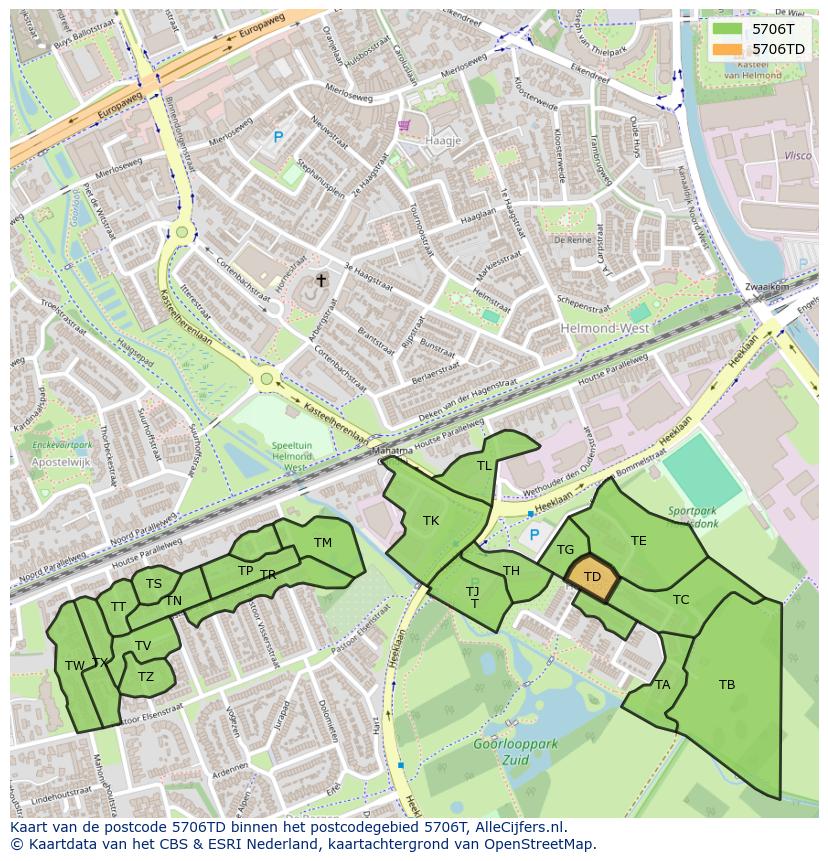 Afbeelding van het postcodegebied 5706 TD op de kaart.