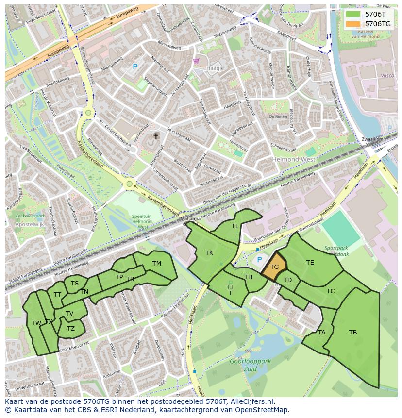 Afbeelding van het postcodegebied 5706 TG op de kaart.