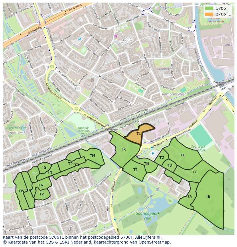 Afbeelding van het postcodegebied 5706 TL op de kaart.